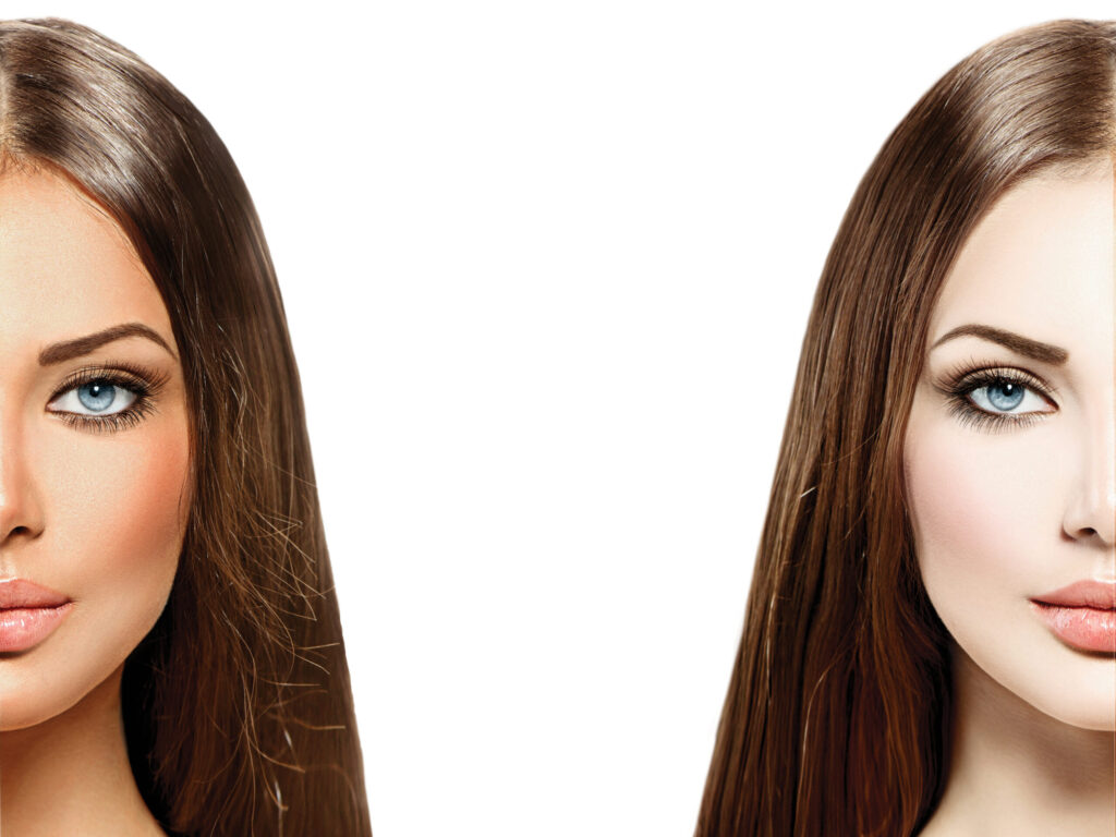 Beautiful young woman with tanned skin before and after tan Spray-Tanning Frau vorher/nachher